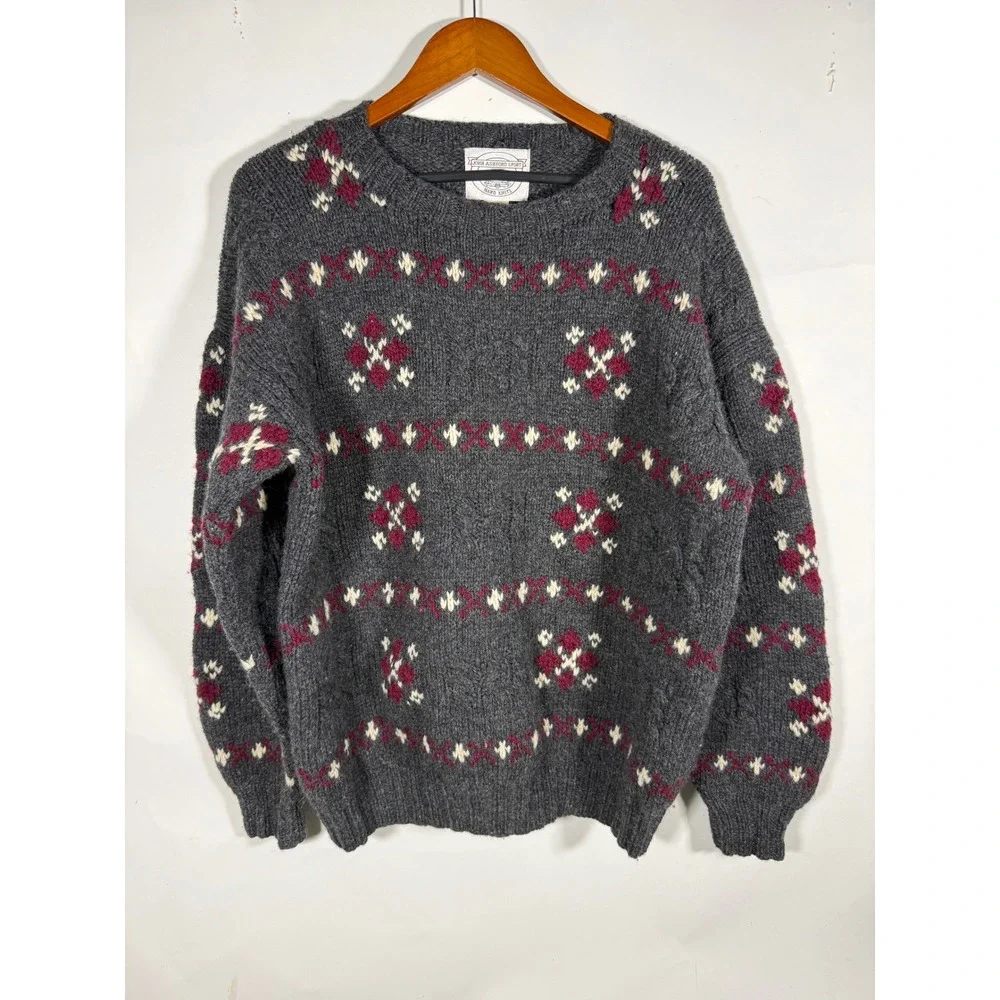John Ashford Sport Mens Gray Fair Isle Shetland Wool Hand Knitted Sweater Medium